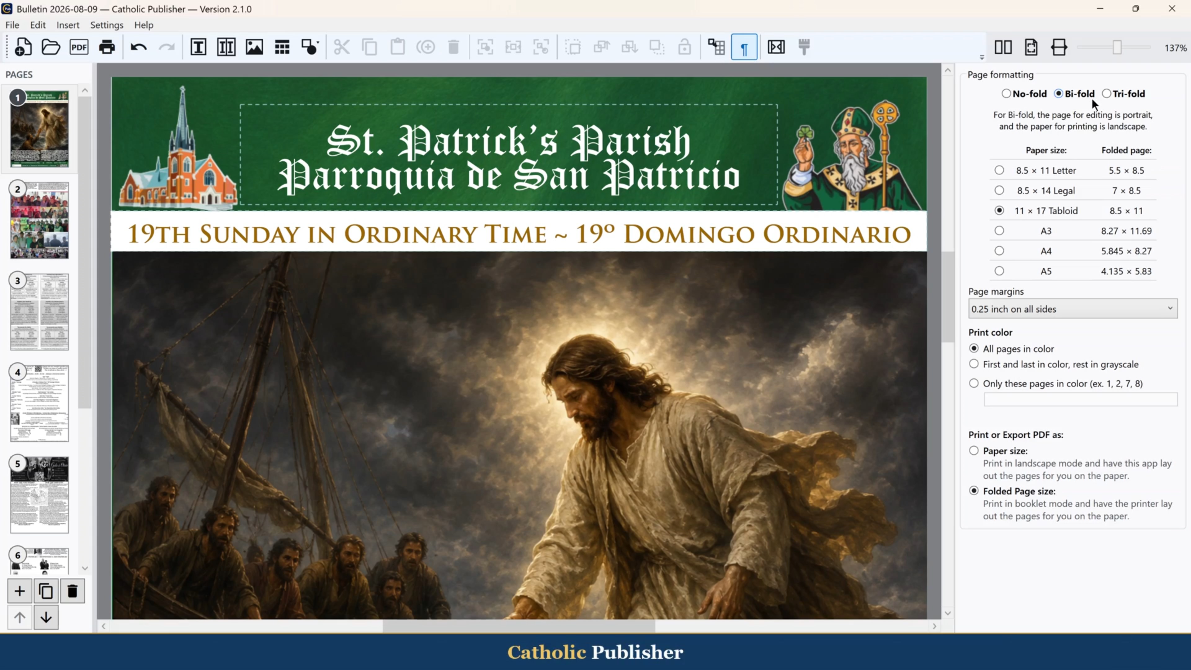 Catholic Publisher with the sample bulletin open and the Paper size and Page margins panel visible.
