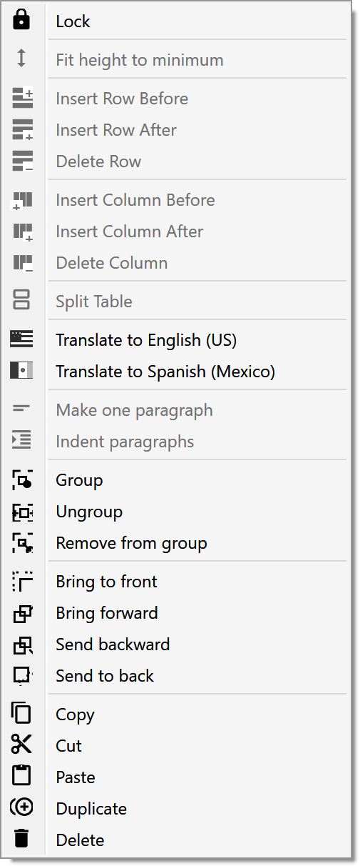 Current table right-click menu showing fitting, row and column structure, translation, grouping, layering, and clipboard commands.