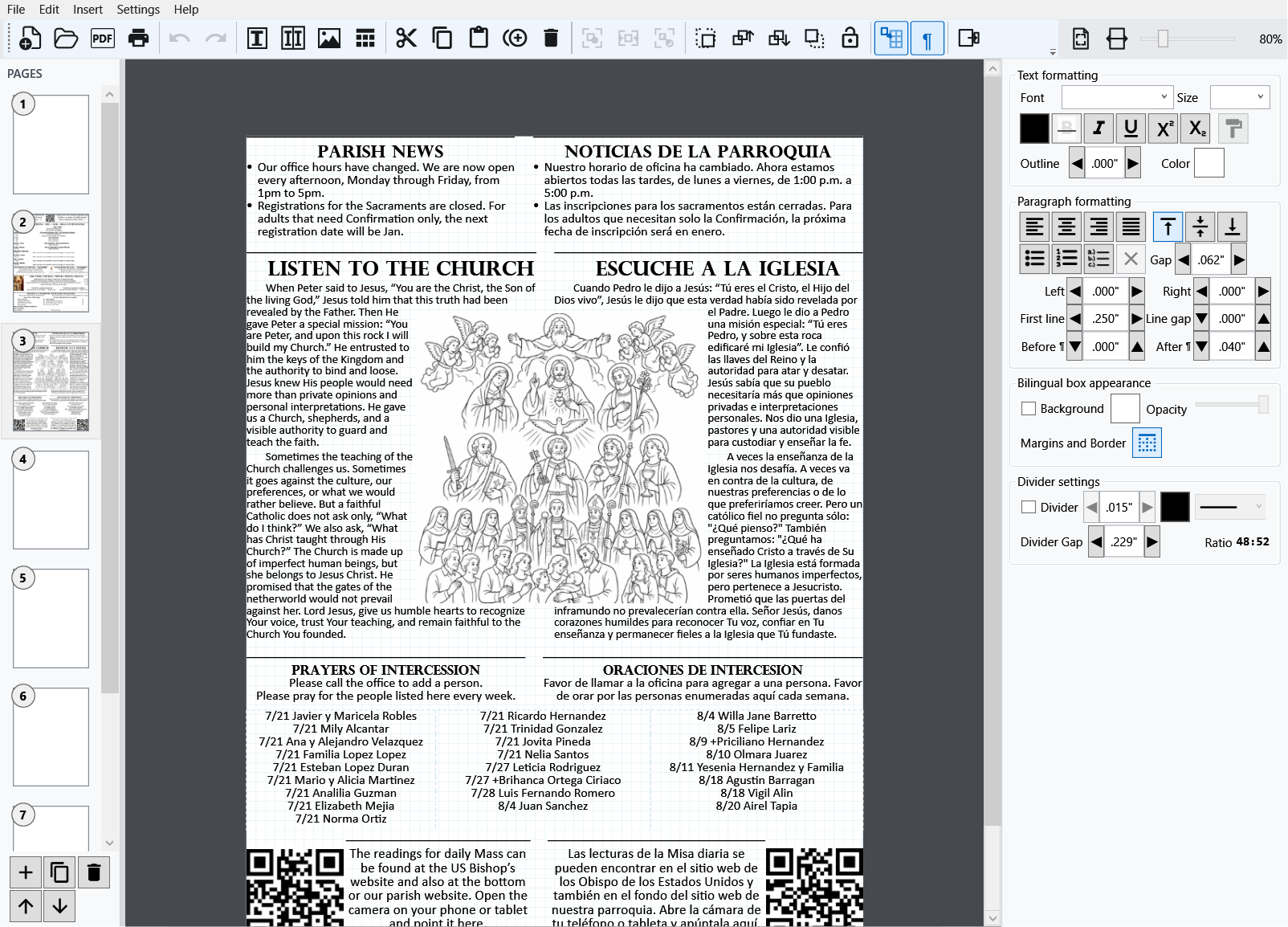 A bilingual English and Spanish reflection selected on sample page 3 with its Properties panel showing identity, text formatting, bilingual appearance, divider, and position controls.