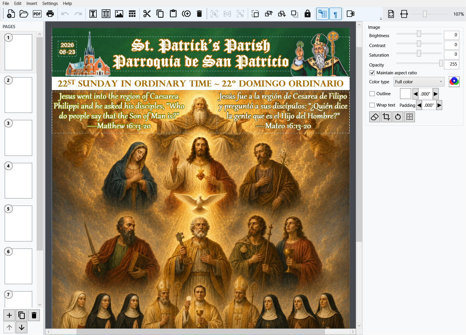 Catholic Publisher — sample cover, Pages panel, toolbar, and image settings