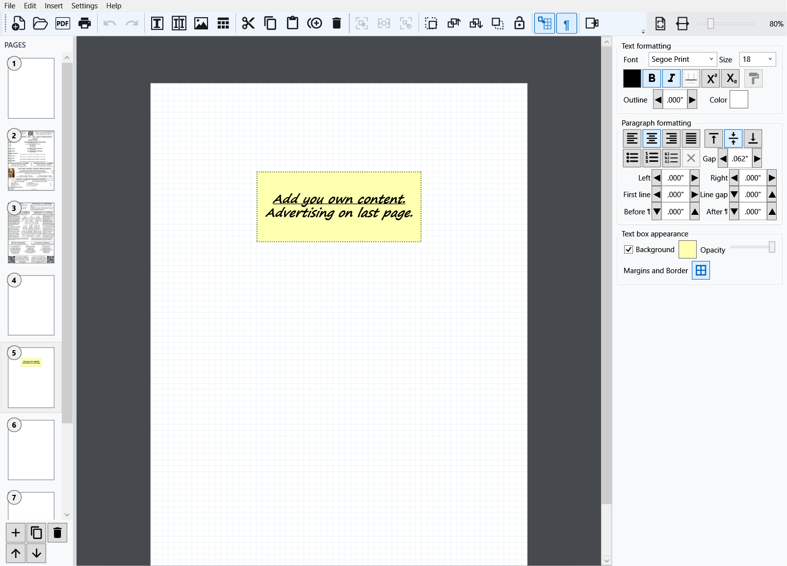 A starter text box selected on sample page 5 with its Properties panel showing object ID, custom name, text and paragraph formatting, background, margins, border, and position controls.