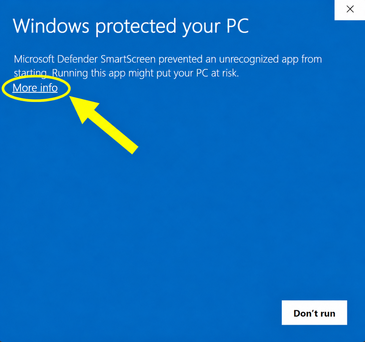 Microsoft Defender SmartScreen with a gold circle around the More info link.